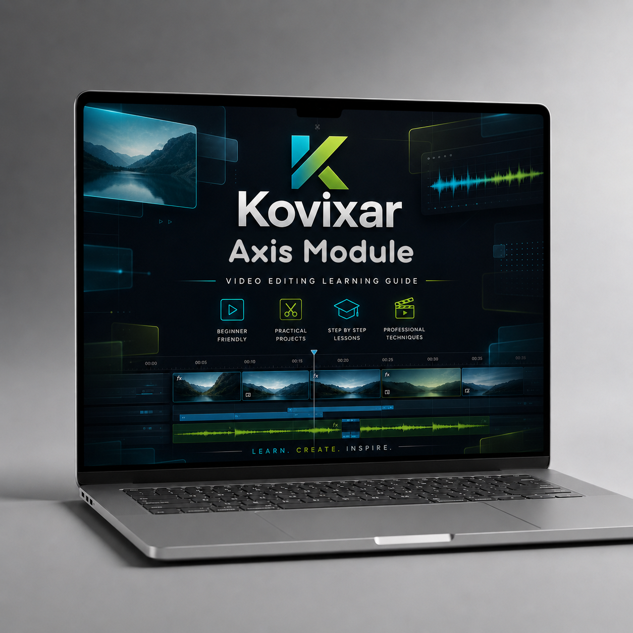 Laptop displaying the Kovixar Axis Module video editing learning guide on a gray background