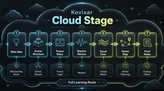 Kovixar Cloud Stage diagram with steps for content creation on a dark background