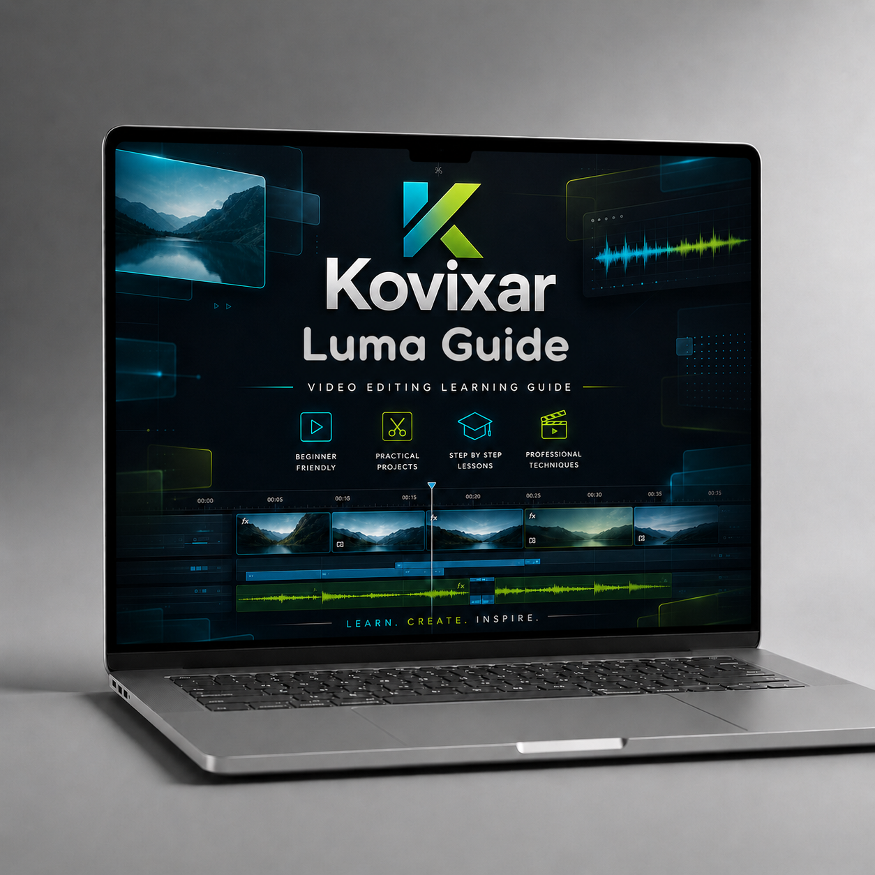 Laptop displaying the Kovixar Luma Guide software on a gray background