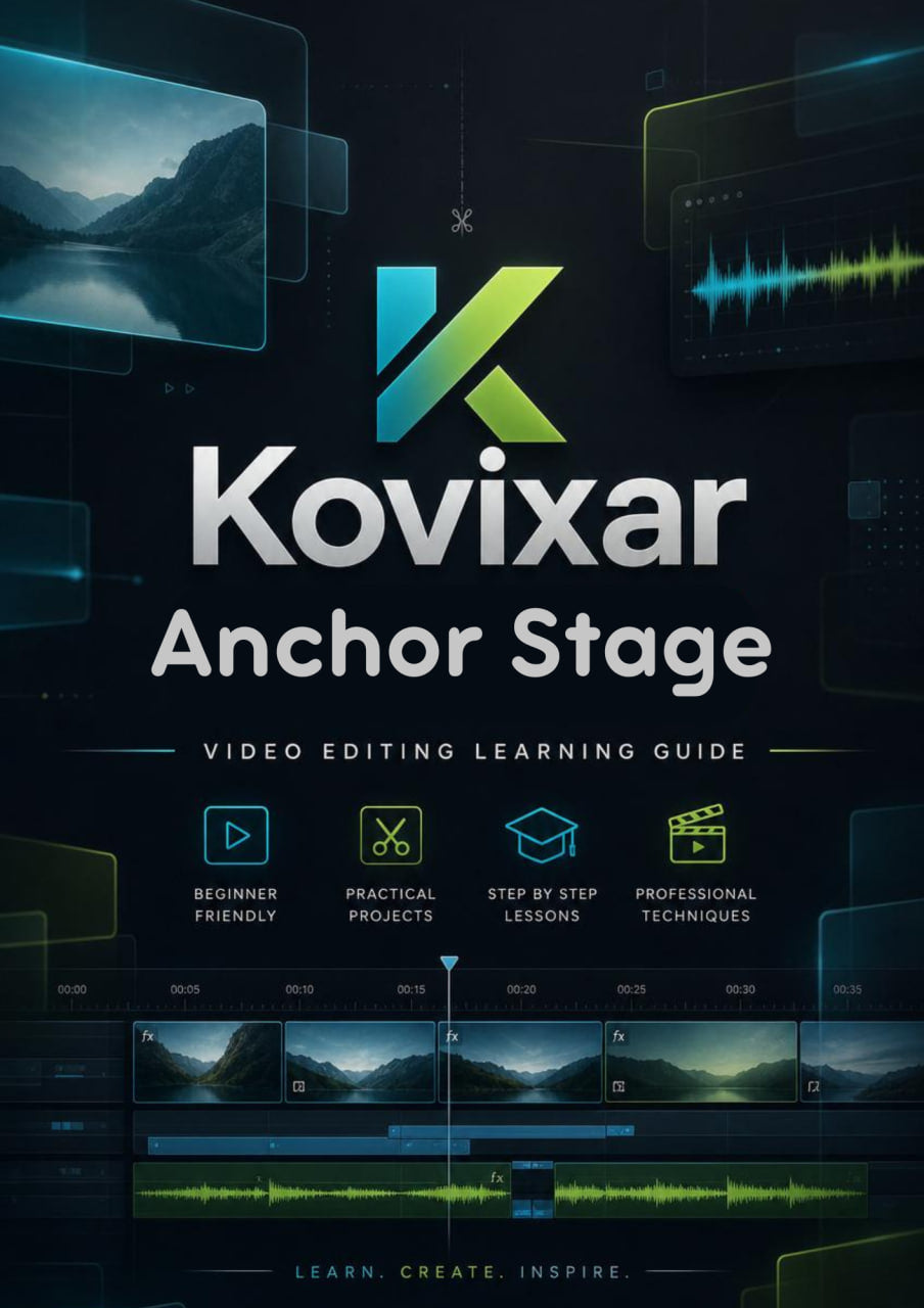 Kovixar Anchor Stage video editing learning guide with a dark background andkovixar logo.