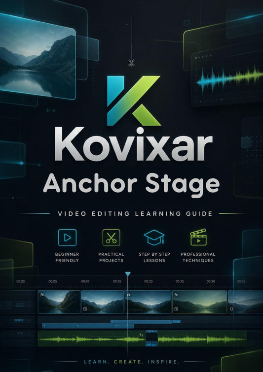 Kovixar Anchor Stage video editing learning guide with a dark background andkovixar logo.