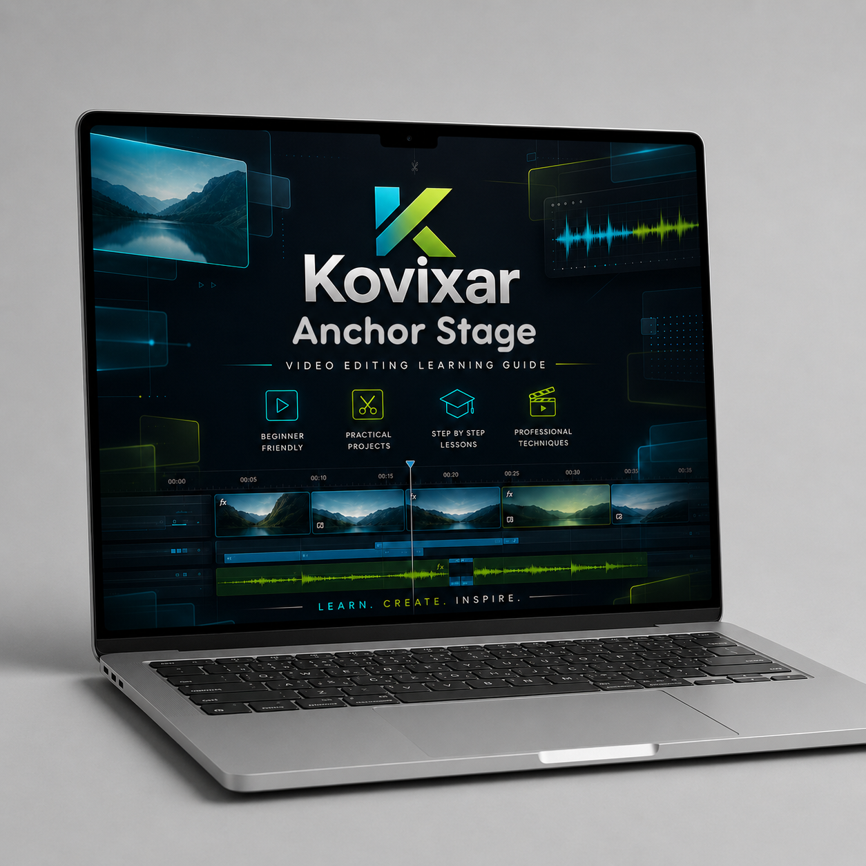 Laptop displaying Kovixar Anchor Stage software on a gray background