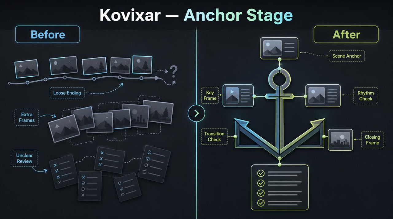 Diagram comparing 'Before' and 'After' stages of Kovixar Anchor Stage with anchor icon and text labels.