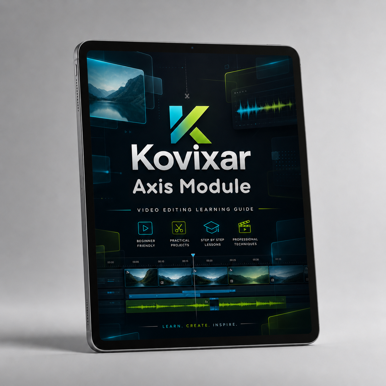 Kovixar Axis Module video editing learning guide on a tablet with a gray background