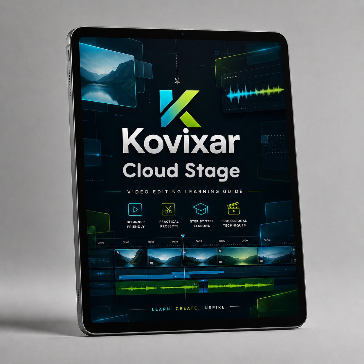 Kovixar Cloud Stage video editing learning guide on a tablet with a gray background