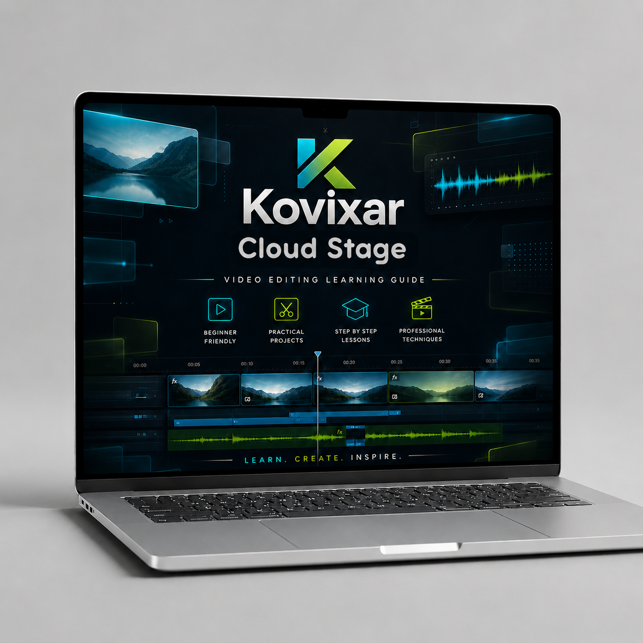 Laptop displaying Kovixar Cloud Stage software on a gray background