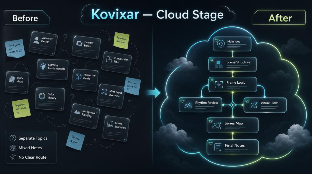 Comparison of 'Before' and 'After' stages for Kovixar Cloud Stage with cloud graphic and icons.
