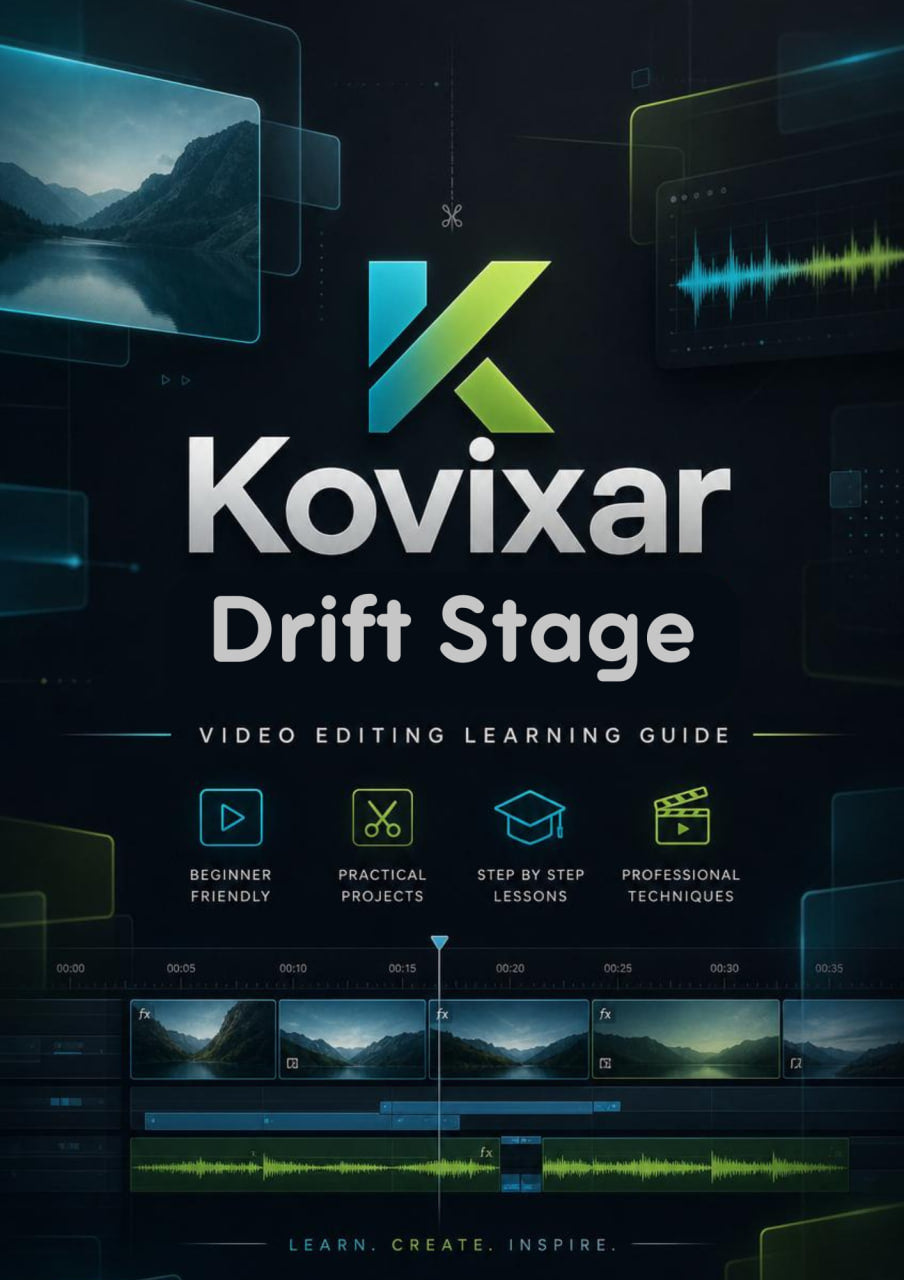 Kovixar Drift Stage video editing learning guide with logo and text on a dark background
