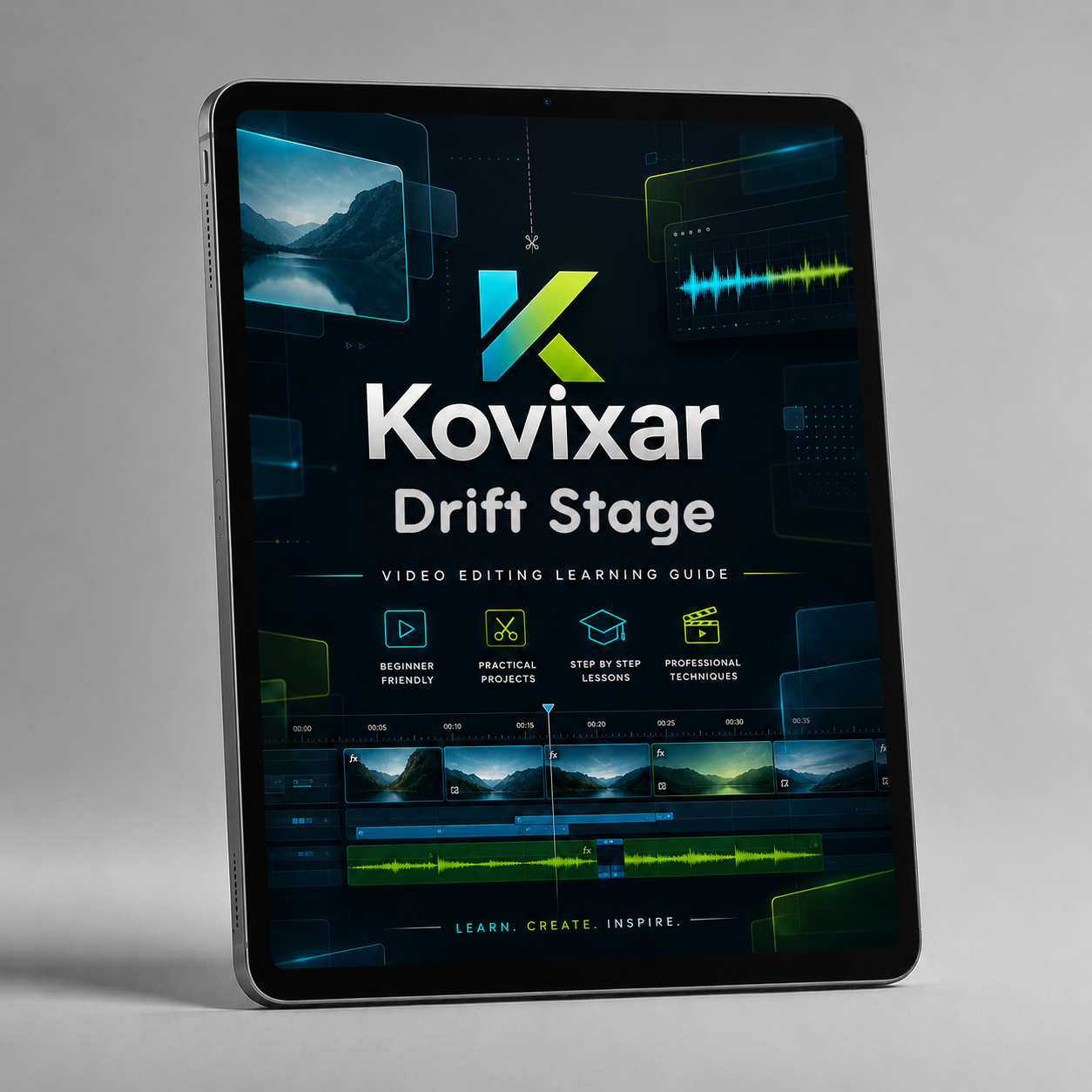 Kovixar Drift Stage video editing learning guide on a tablet with a gray background