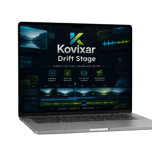 Laptop displaying the Kovixar Drift Stage software on a white background