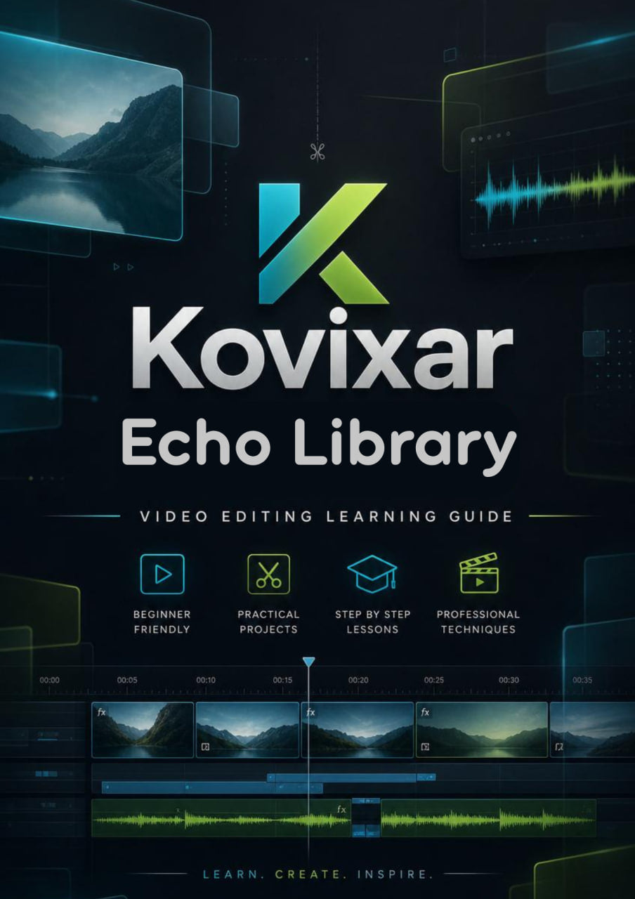 Kovixar Echo Library video editing learning guide with a dark background andkovixar logo.