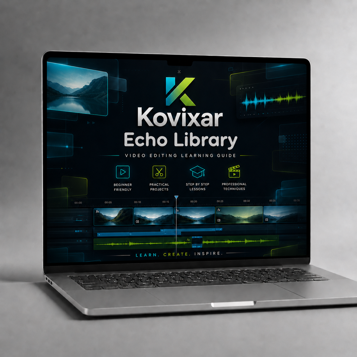 Laptop displaying the Kovixar Echo Library on a gray background