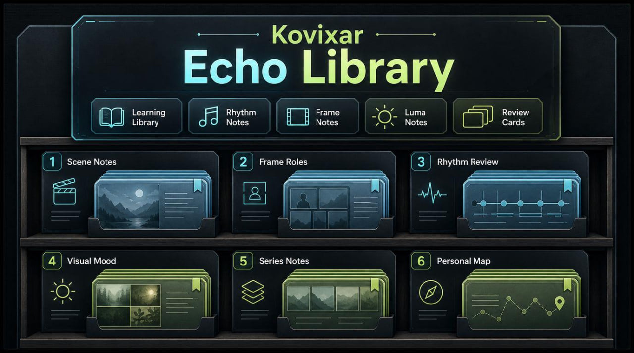 Kovixar Echo Library interface with various categories on a dark background
