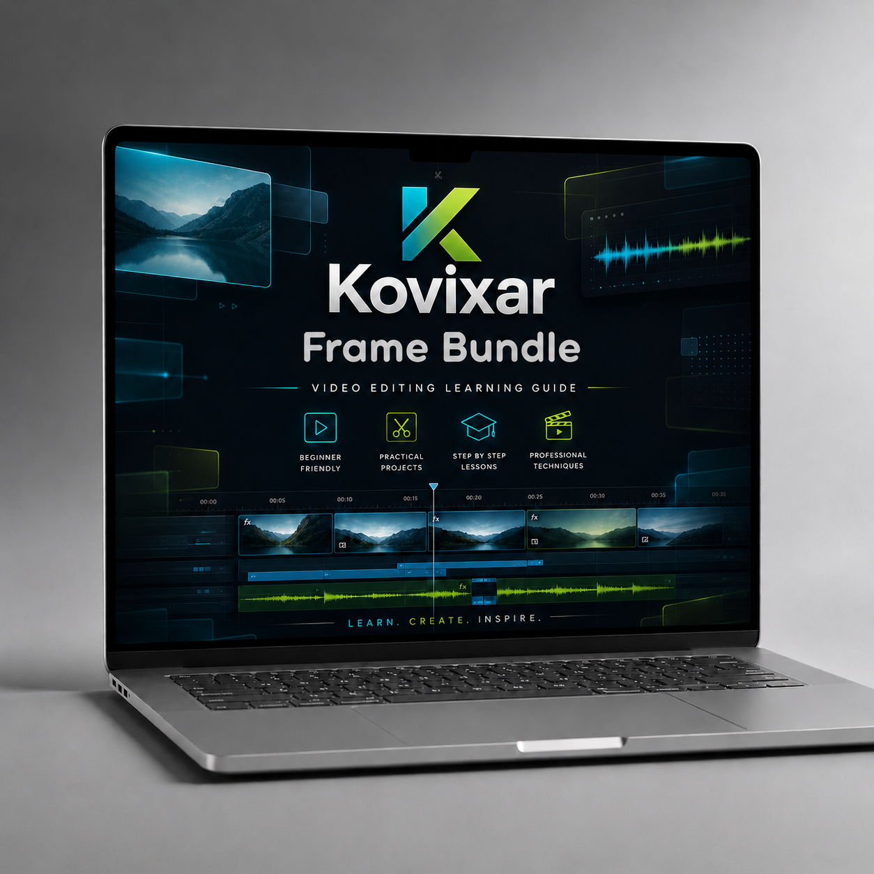 Laptop displaying the Kovixar Frame Bundle on a gray background