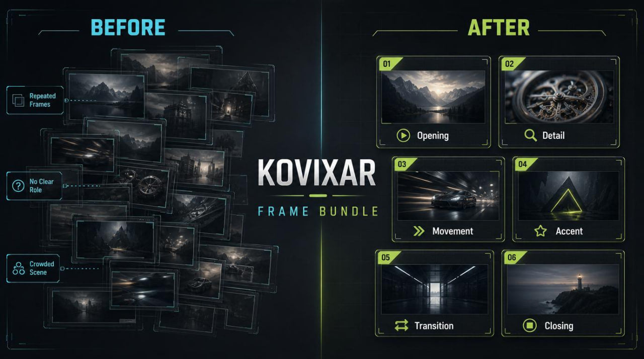 Comparison of 'Before' and 'After' frames for Kovixar Frame Bundle with labeled components.