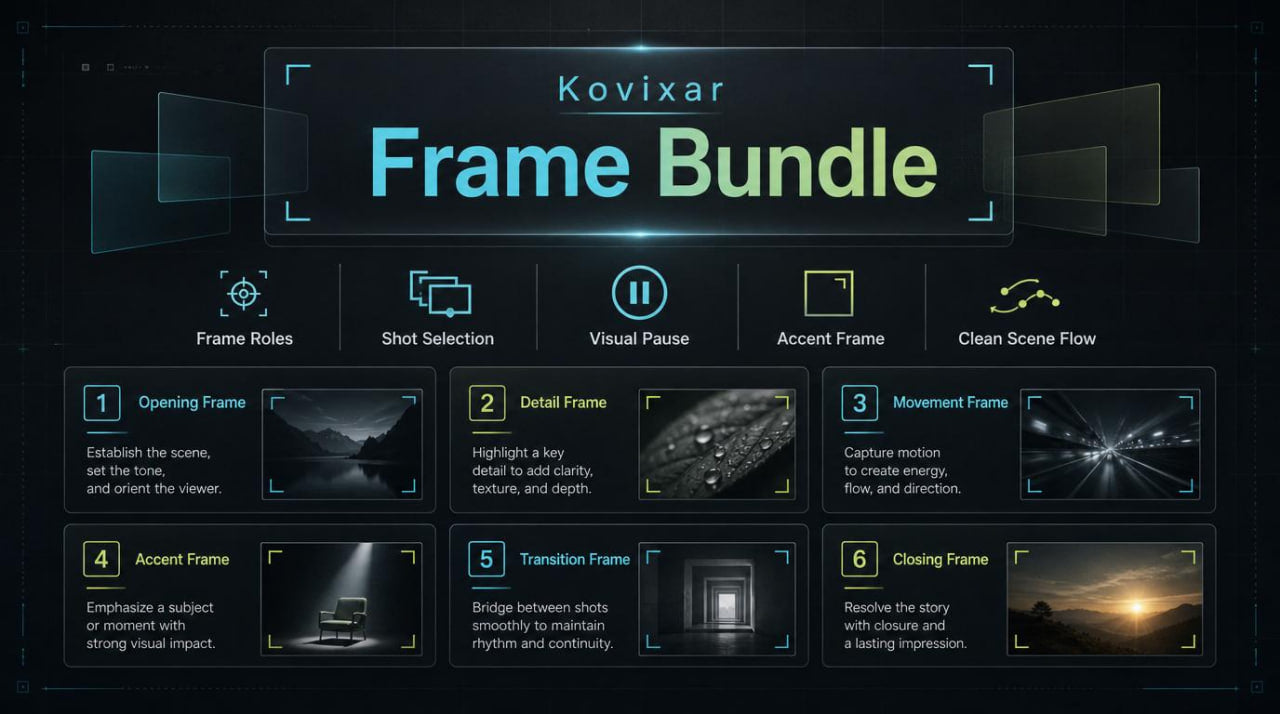 Kovixar Frame Bundle software interface with various frame roles and features on a dark background.