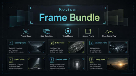 Kovixar Frame Bundle software interface with various frame roles and features on a dark background.