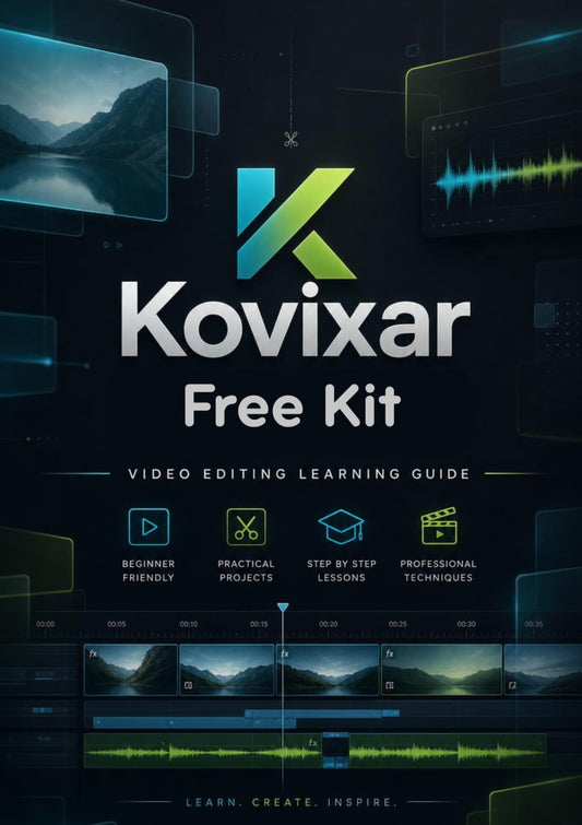Kovixar Free Kit for video editing with a dark background and mountain landscape.