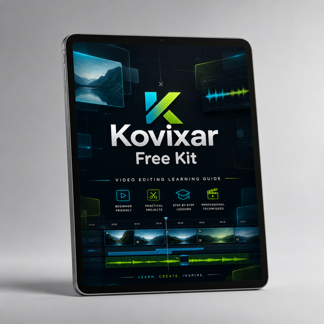 Kovixar video editing learning guide on a tablet screen with a gray background