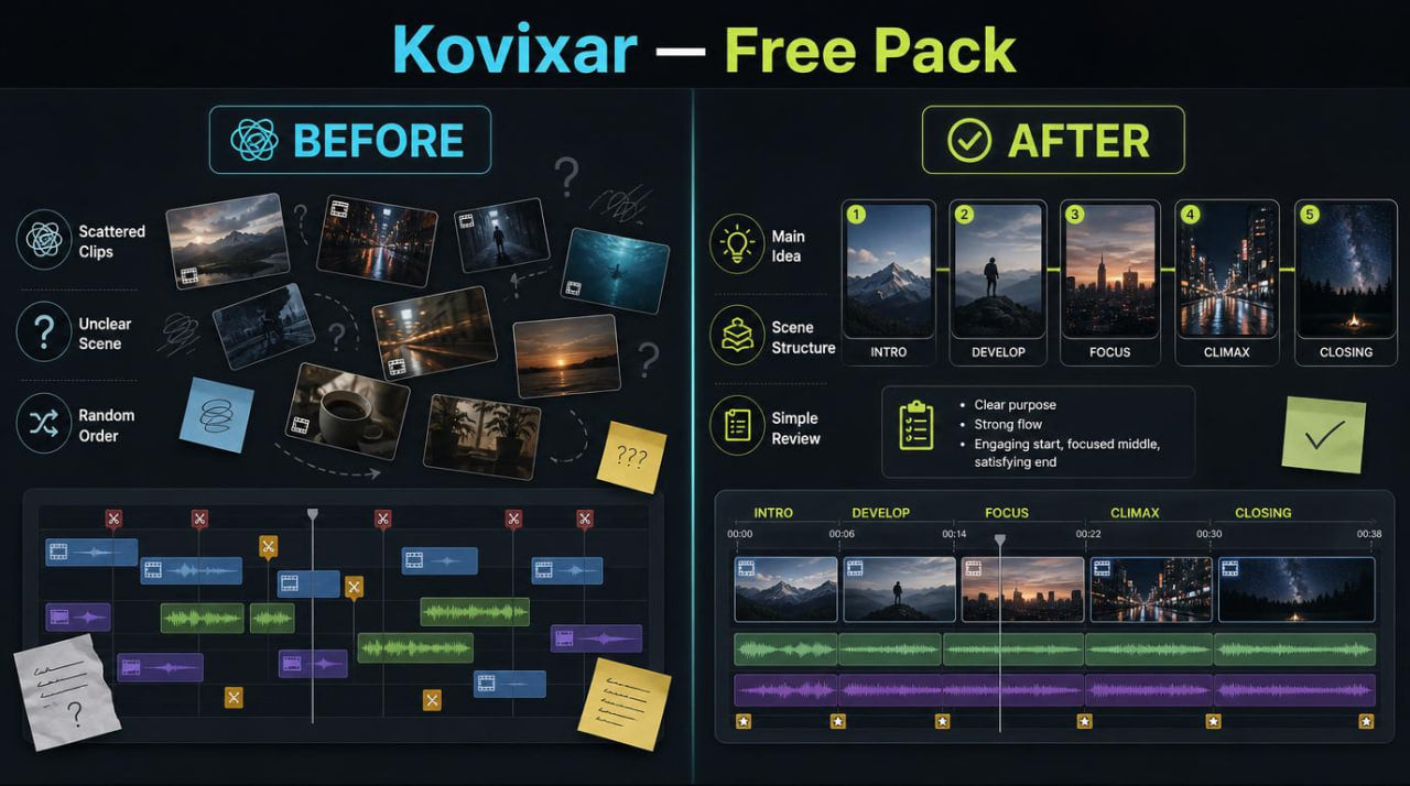 Comparison of 'Before' and 'After' images with text 'Kovixar - Free Pack' on a dark background.