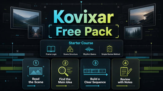 Kovixar Free Pack promotional graphic with icons and text on a dark background