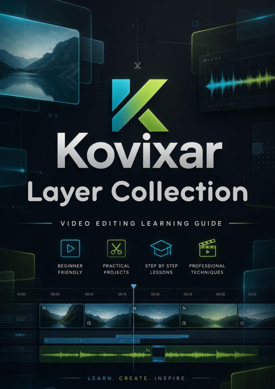Kovixar Layer Collection video editing learning guide with logo and text on a dark background.