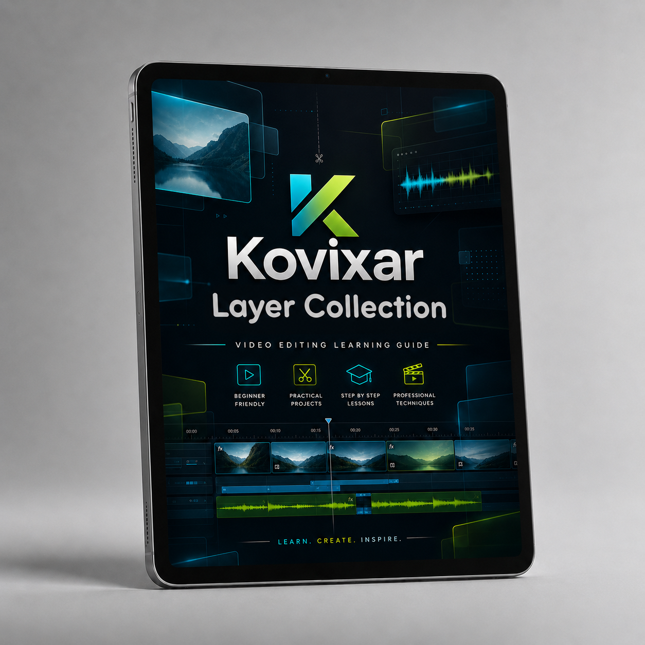 Kovixar Layer Collection video editing learning guide on a tablet with a gray background