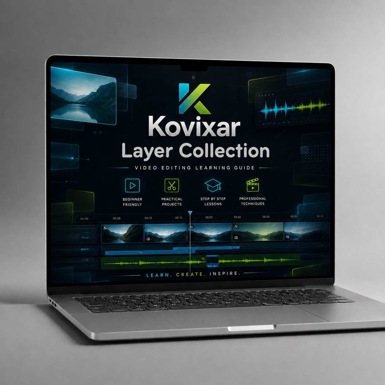Laptop displaying the Kovixar Layer Collection on a gray background