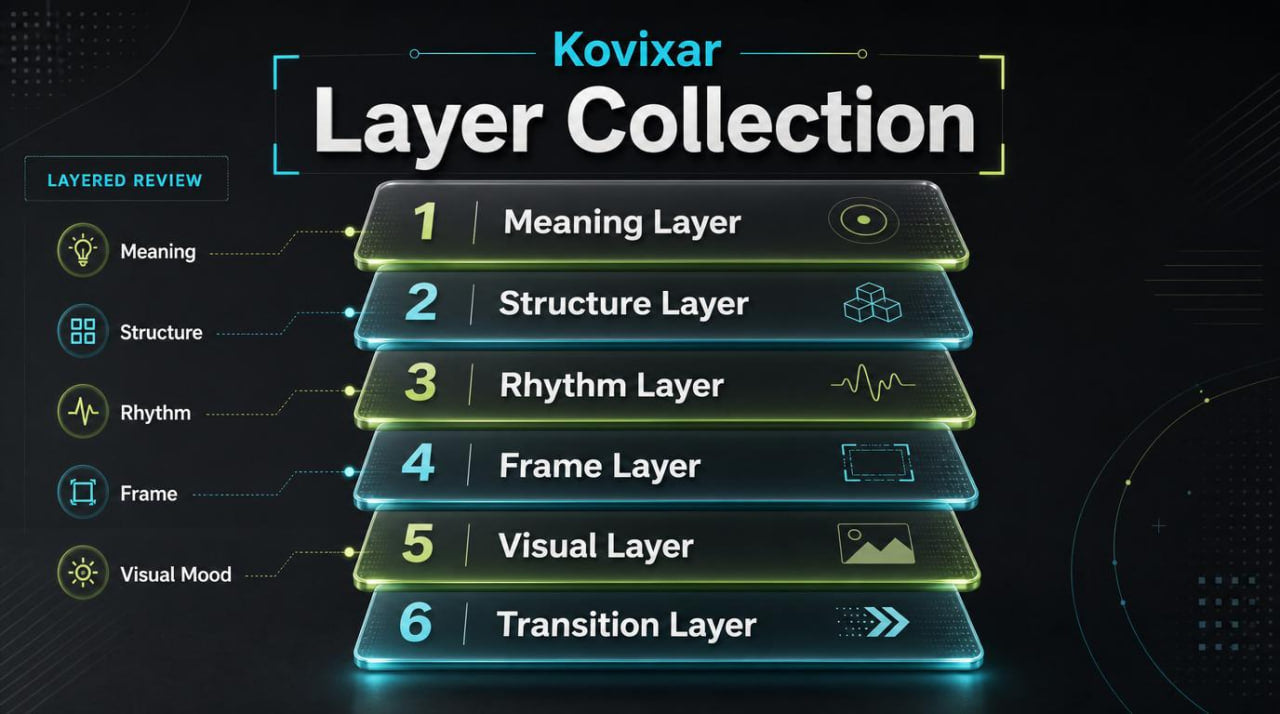 Kovixar Layer Collection diagram with six layers on a dark background