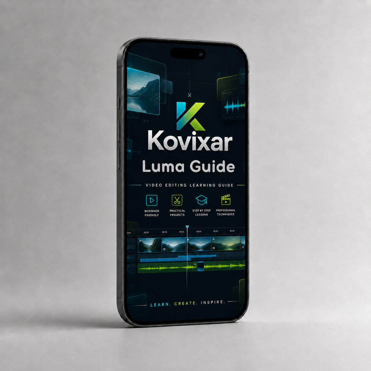 Smartphone displaying the Kovixar Luma Guide app on a gray background
