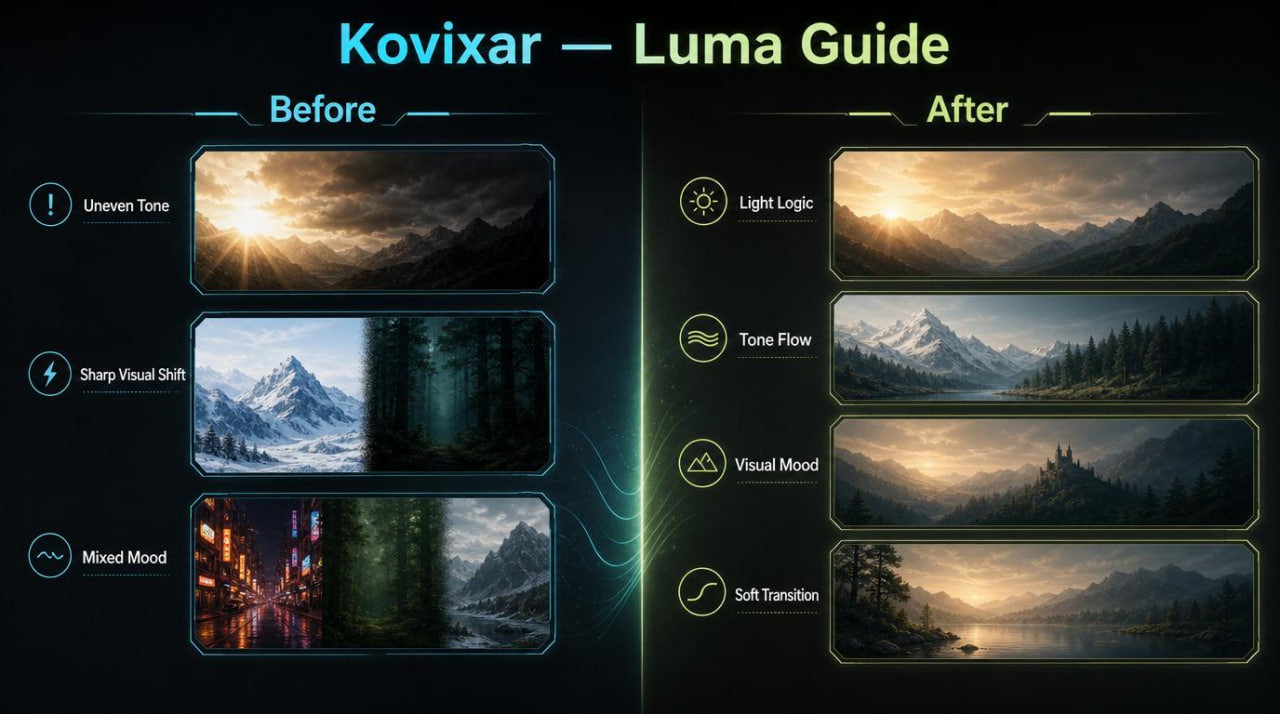 Before and after comparison of images using Kovixar Luma Guide software on a dark background.