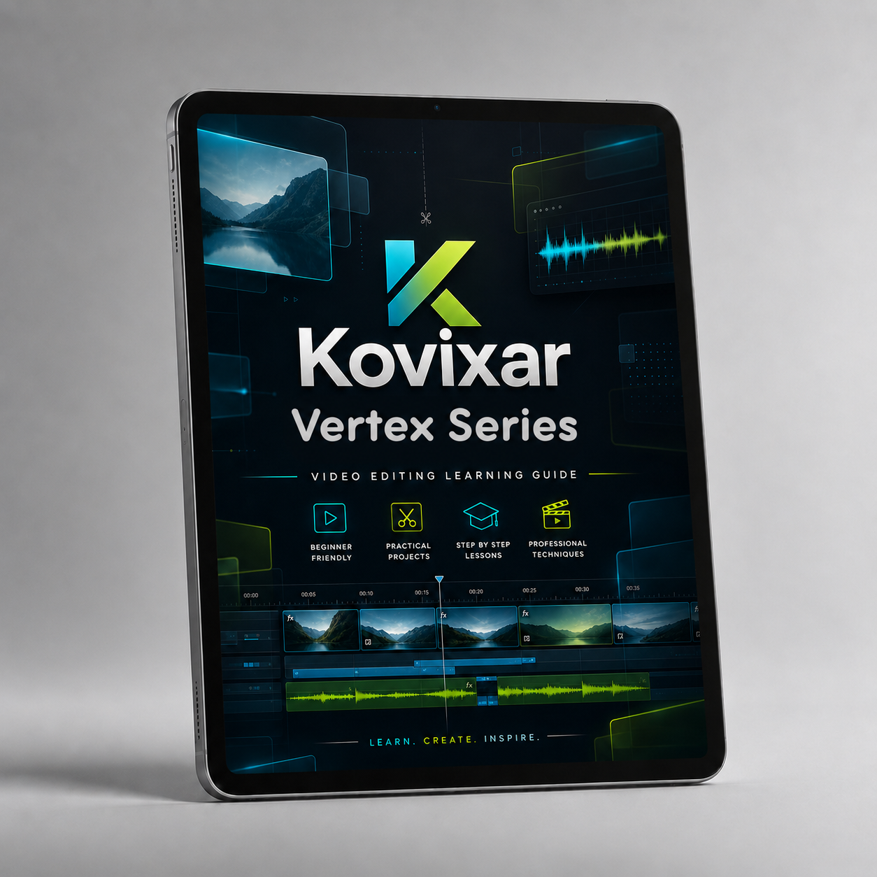 Kovixar Vertex Series video editing learning guide on a tablet with a gray background