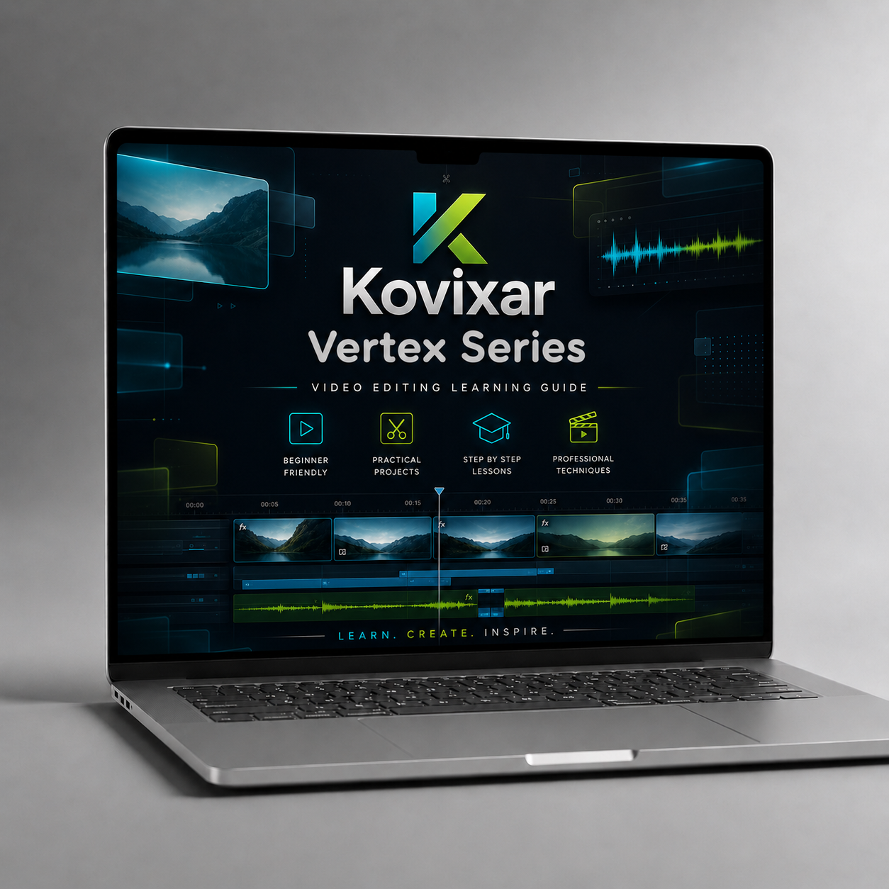 Laptop displaying the Kovixar Vertex Series on a gray background