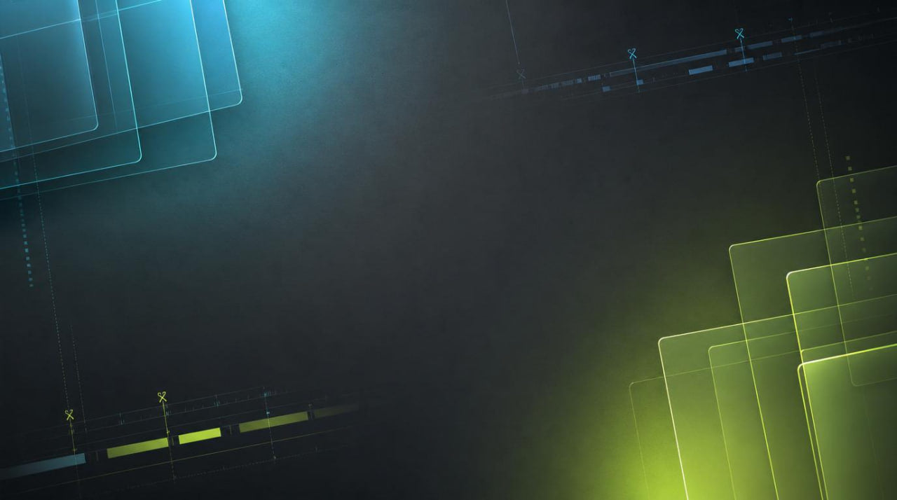 Abstract digital background with glowing green and blue rectangular shapes on a dark gradient.
