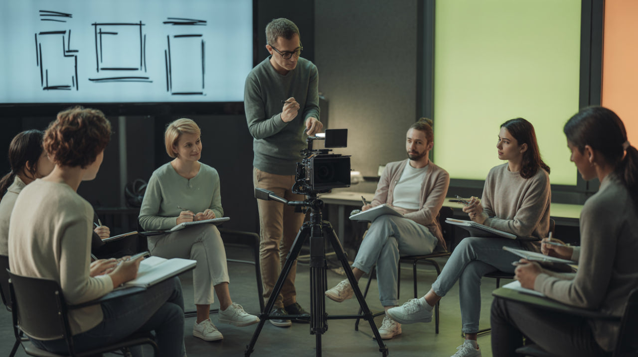 Group of people in a classroom setting with a instructor demonstrating something on a screen.