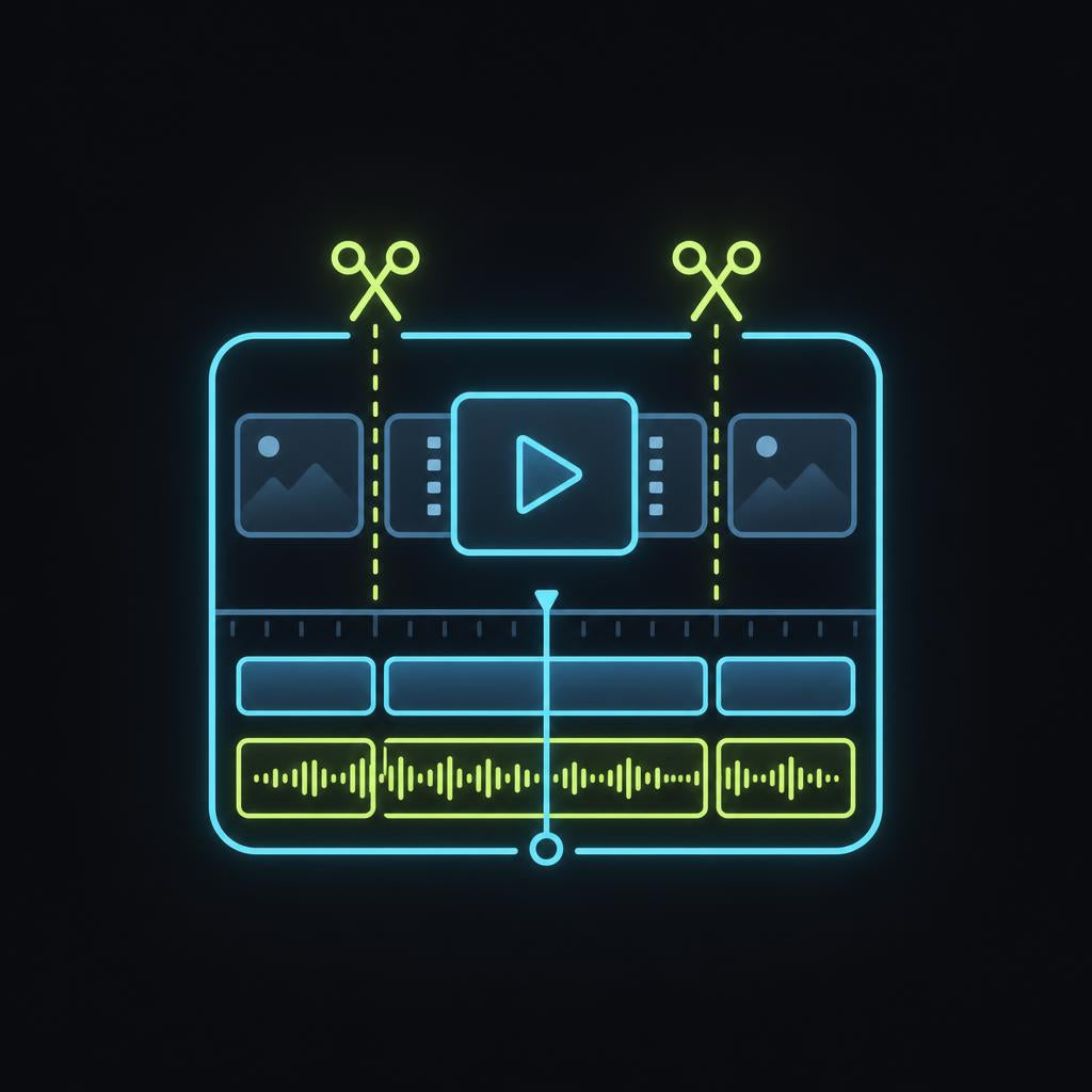 Nebula-like design with video editing interface elements on a black background