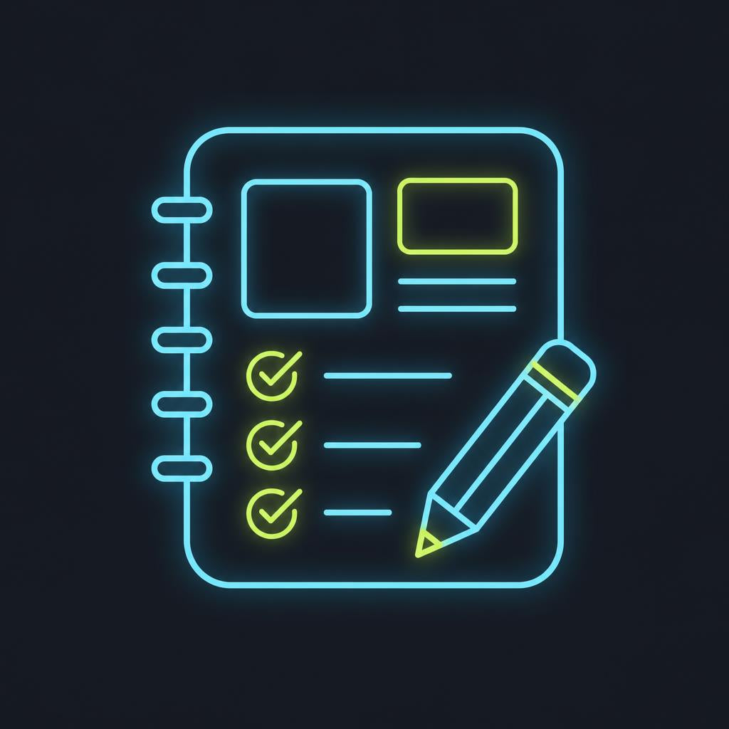 Neon icon of a notebook with a pencil and checkboxes on a black background
